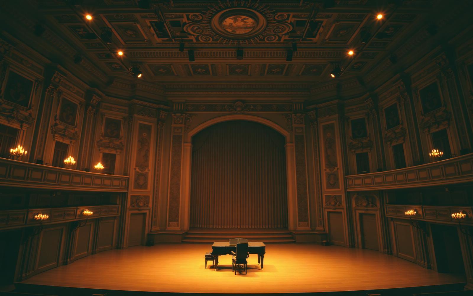 Grand European concert hall with a single piano under warm light