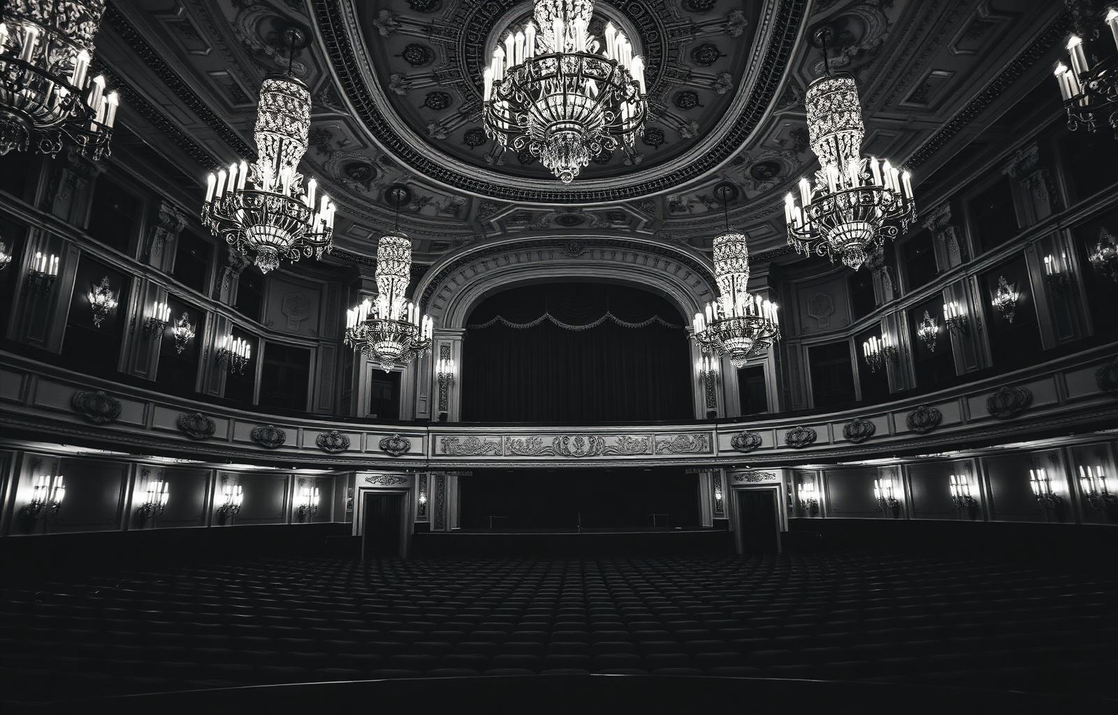 Grand European opera house interior with chandeliers